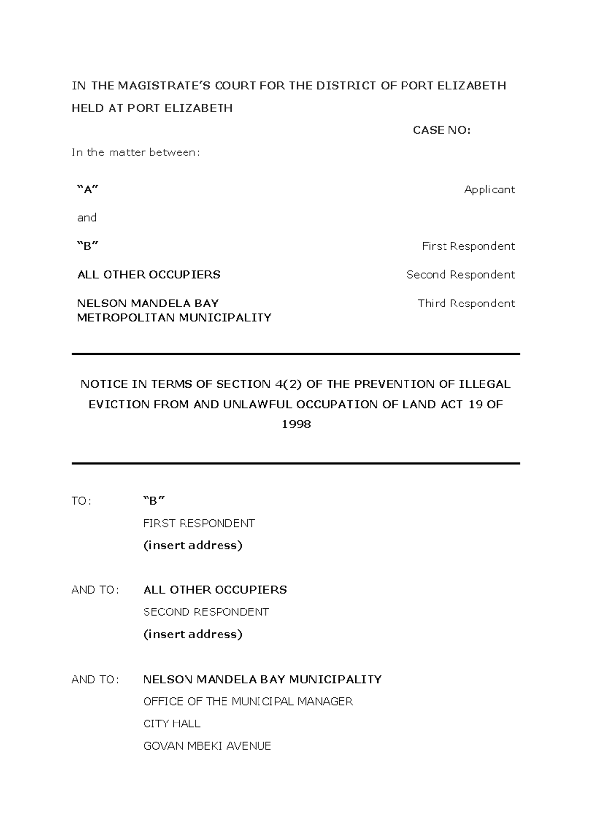 Eviction Notice Template - Mag Court PE Case No: [Insert Case No] - Studocu