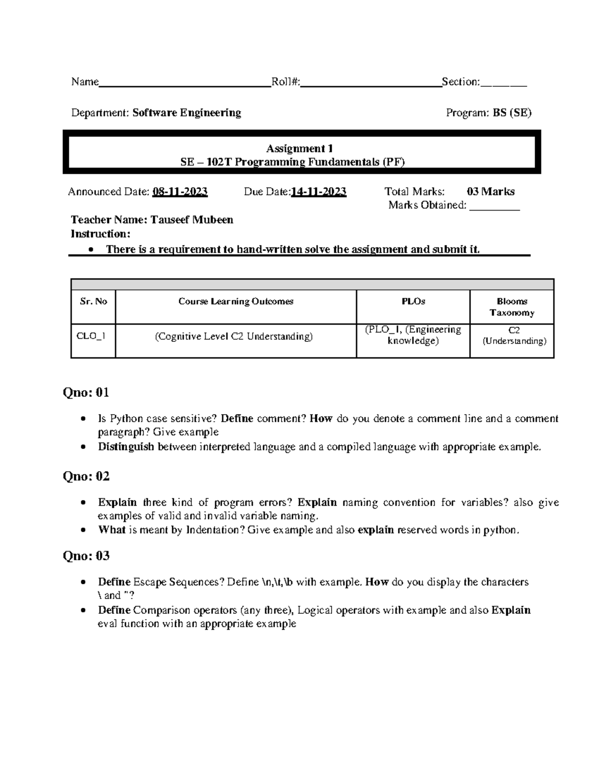 Assignment 1 - Name Roll#: Section:________ Department: Software ...