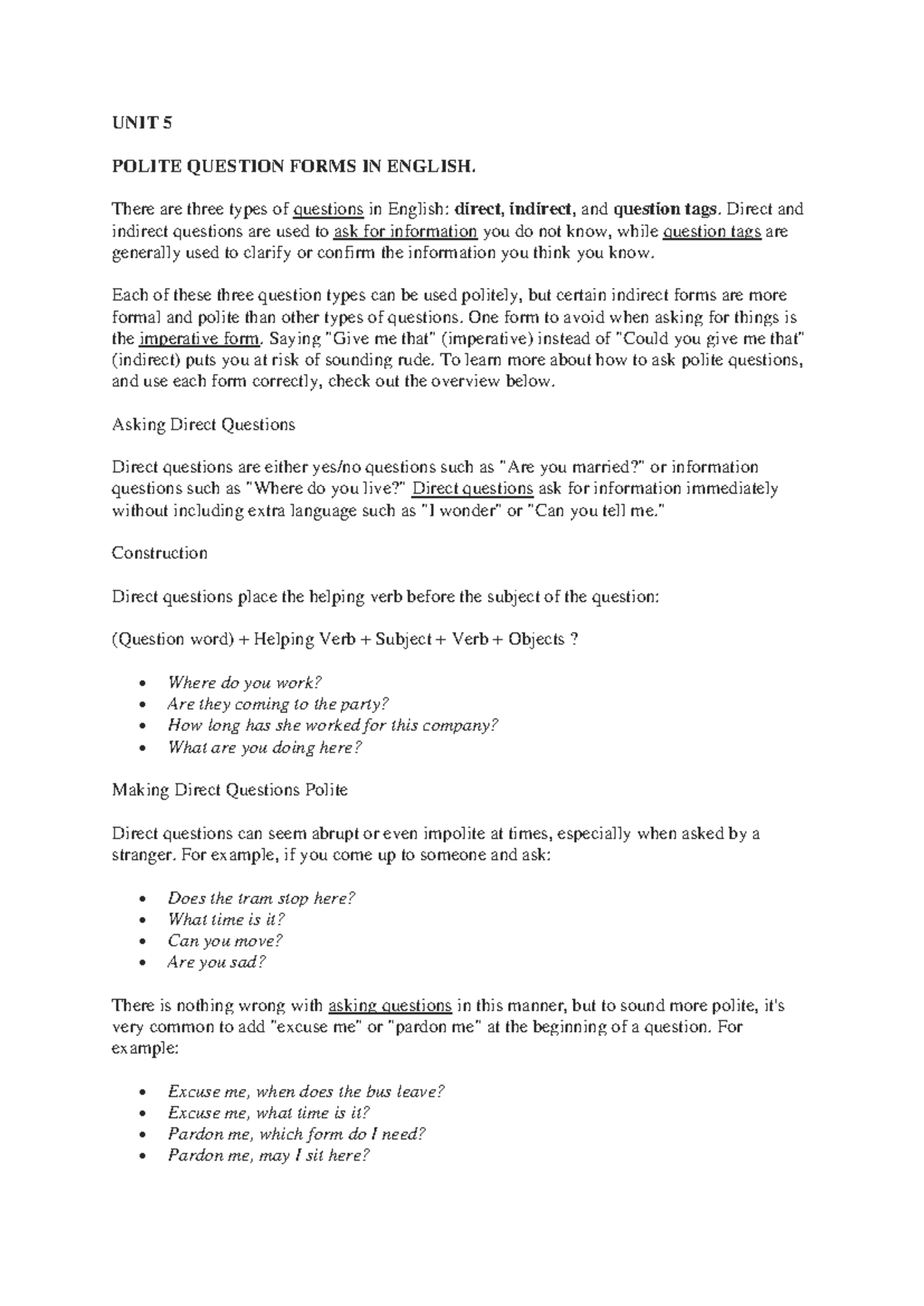 UNIT 5: Polite Question Forms in English Explained - Studocu