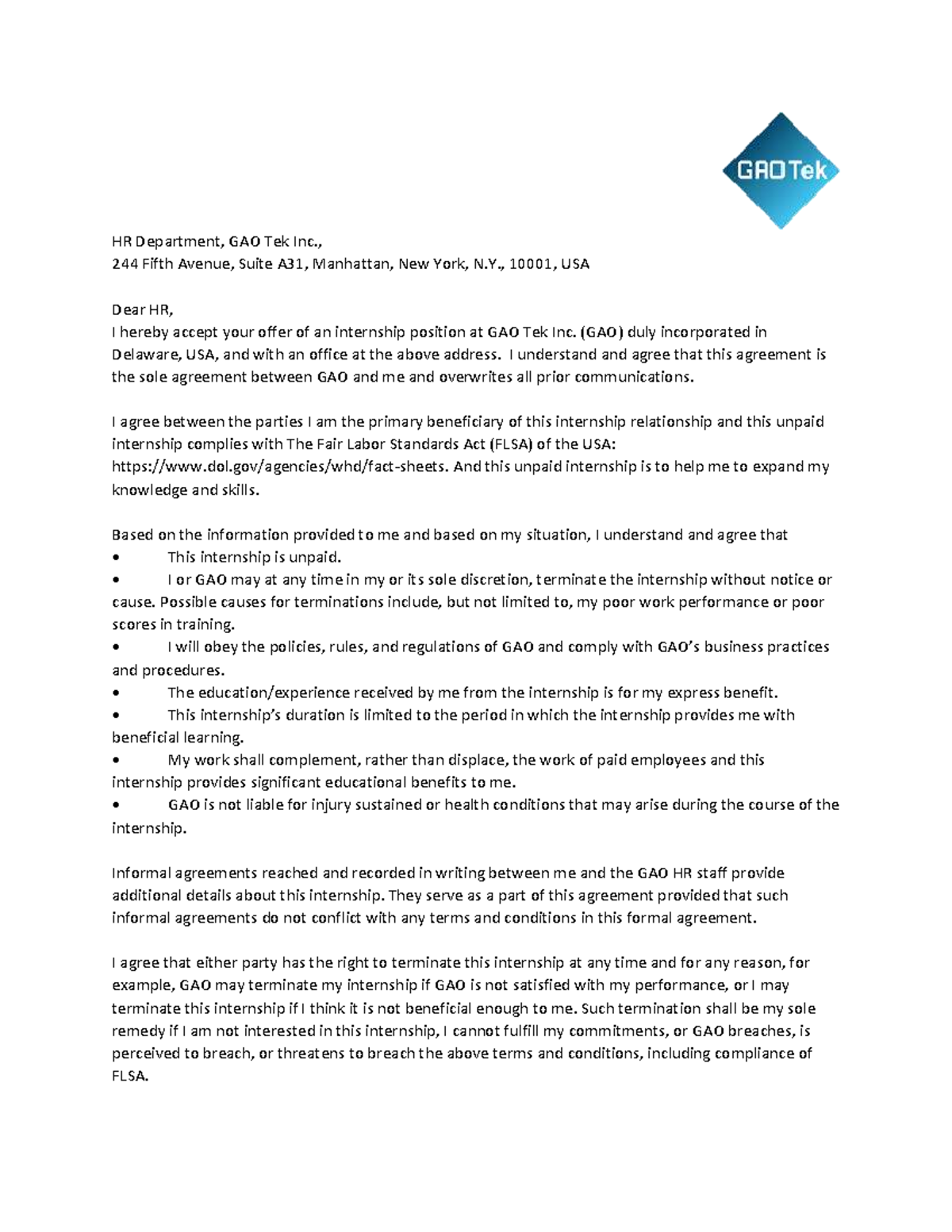 Internship Agreement Letter - GAO Tek Inc. Notes - Studocu