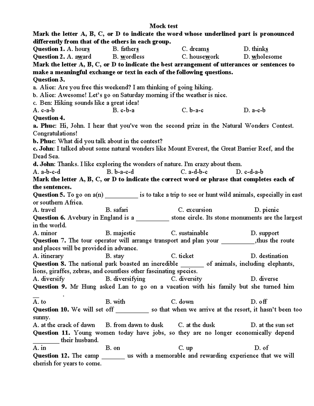Mock Test - Pronunciation and Sentence Completion (TEST) - Studocu