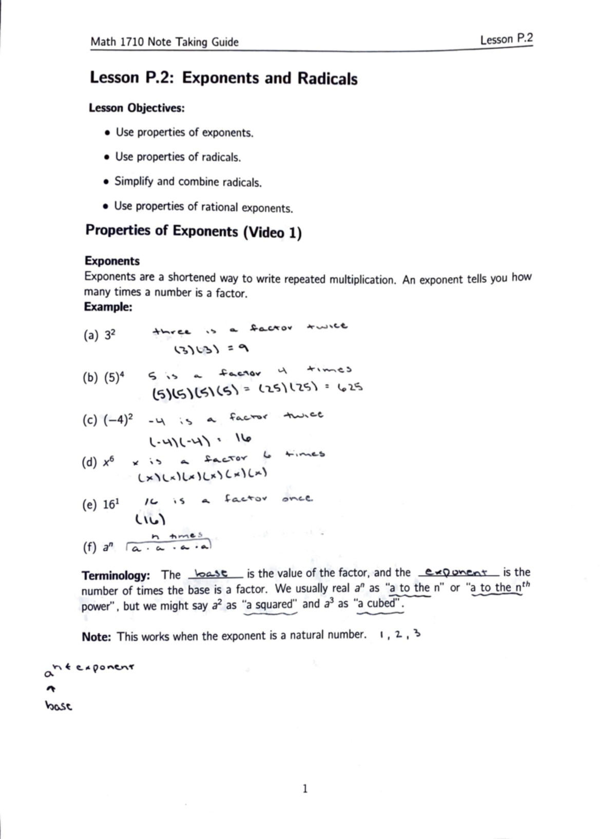 P.2 Notes - Online Instructor is Buch - Lesson P: Exponents and ...
