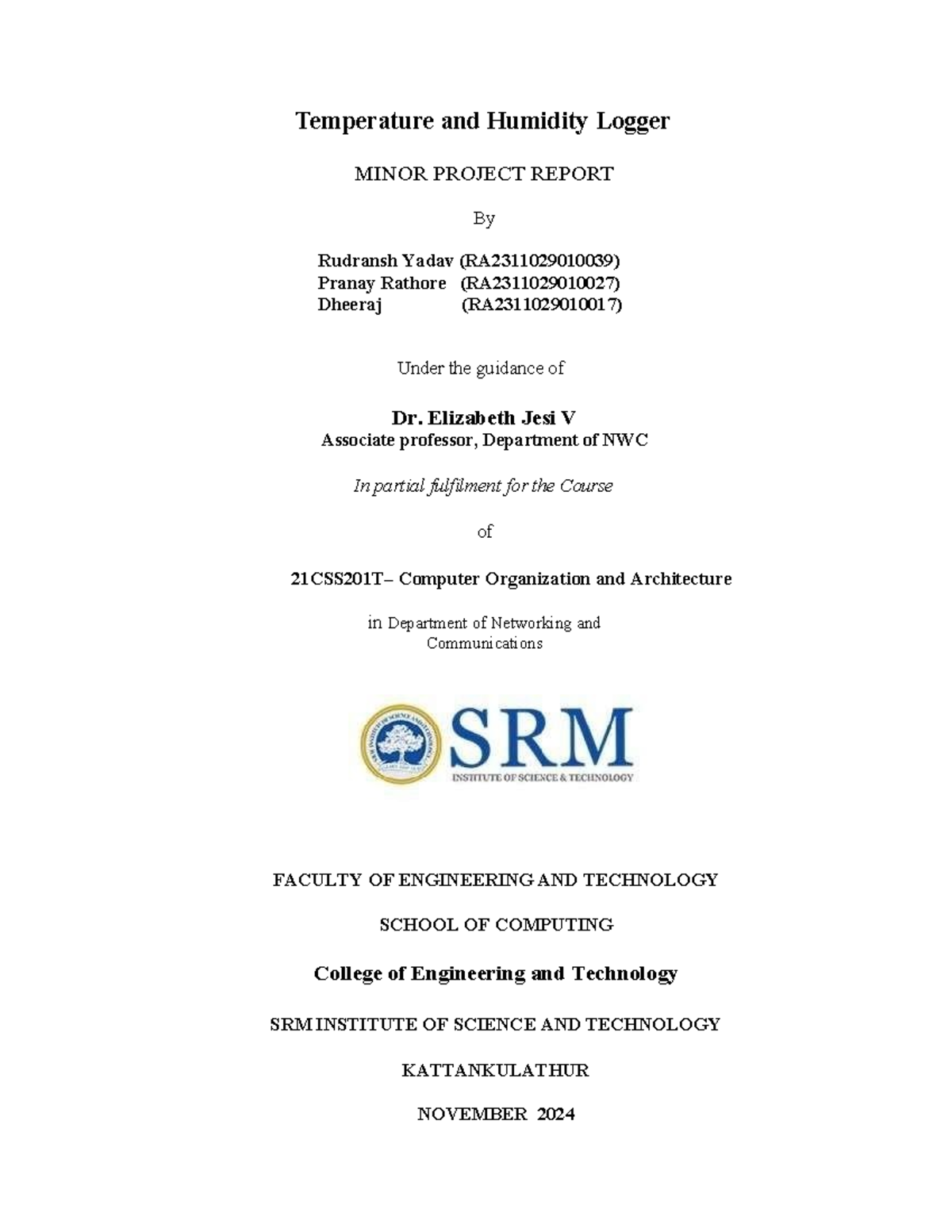 21CSS201T - Minor Project Report on Temperature and Humidity Logger ...