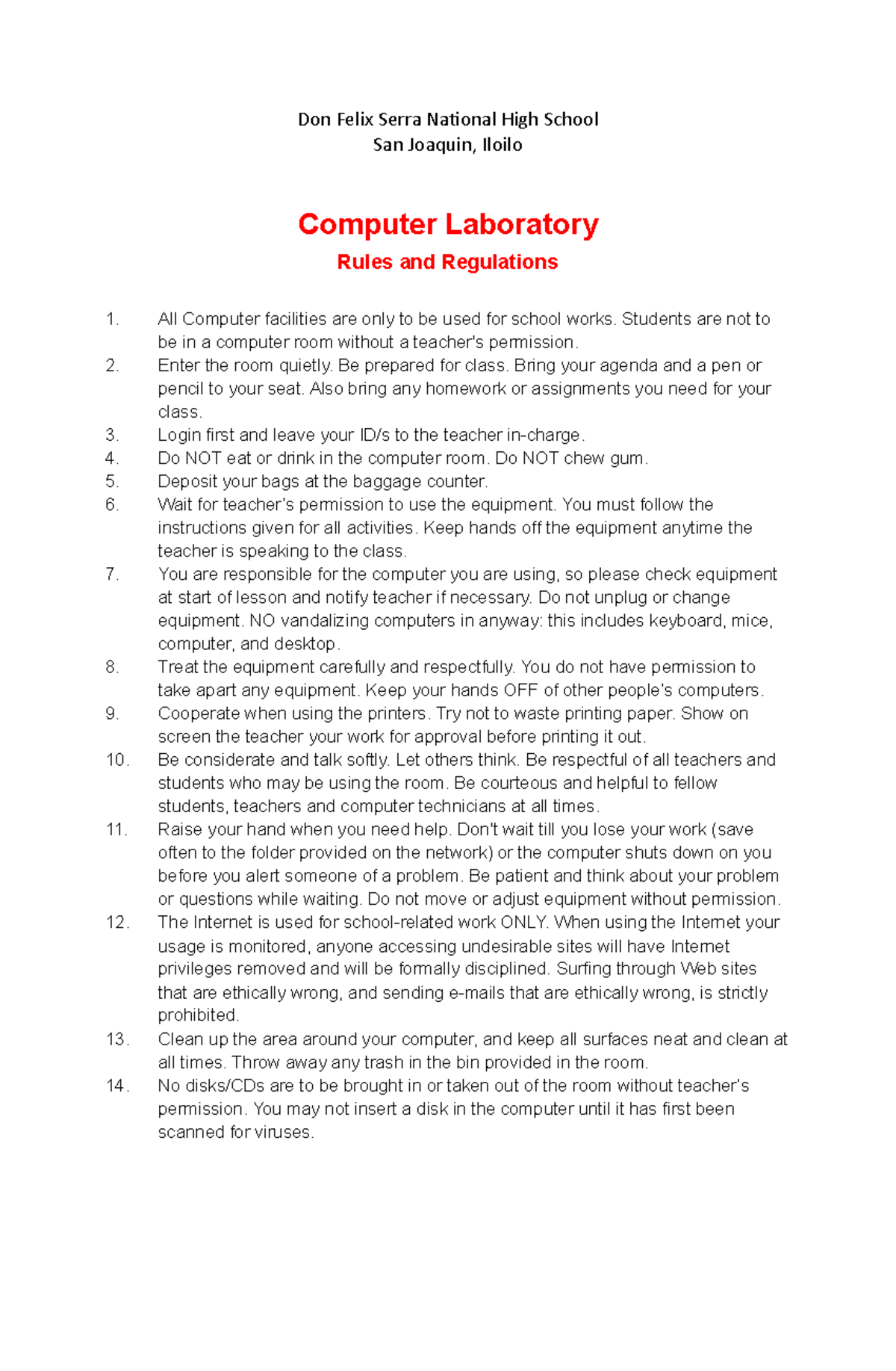 Computer Laboratory Rules & Regulations - DFNHS Guidelines - Studocu
