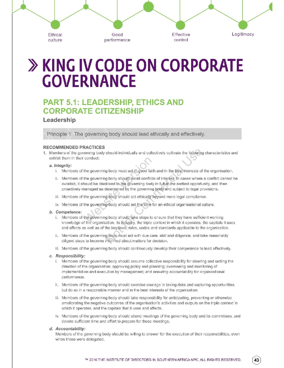 KING IV CODE ON CORPORATE GOVERNANCE: LEADERSHIP & ETHICS PART 5.1 ...