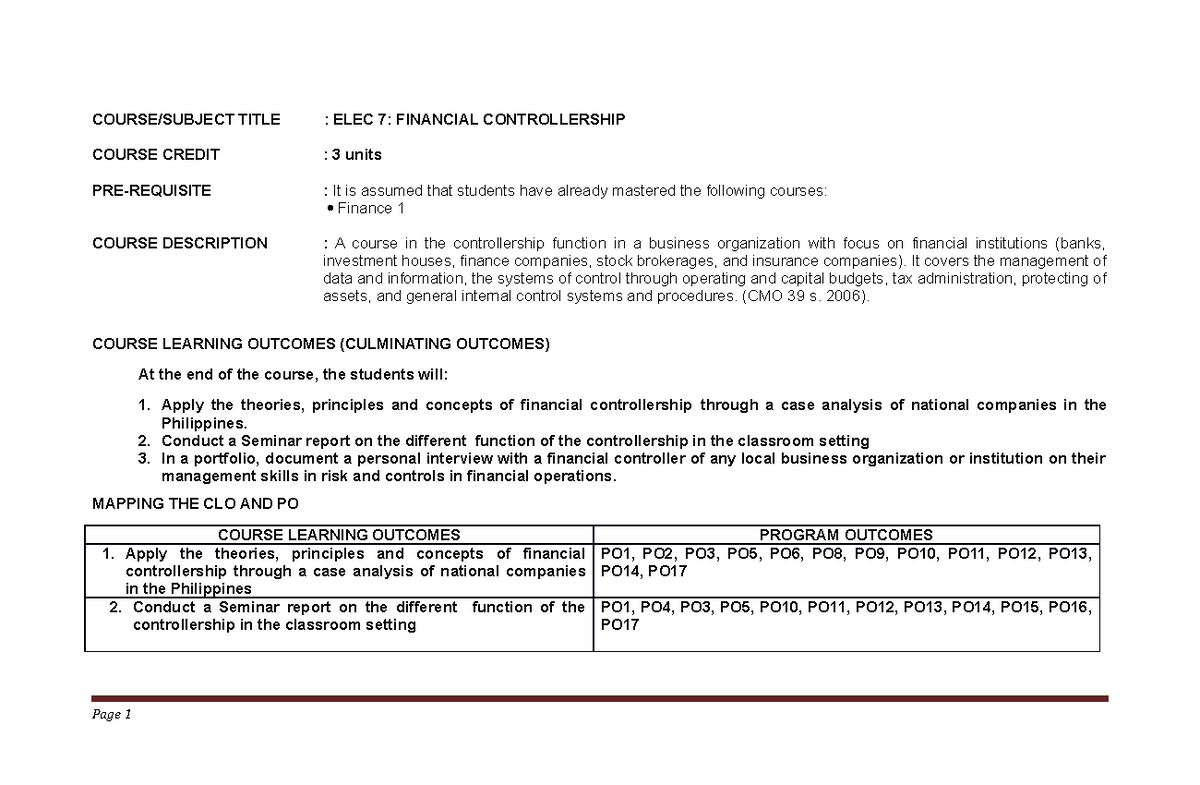 ELEC 7: Financial Controllership Course Syllabus and Learning Outcomes ...