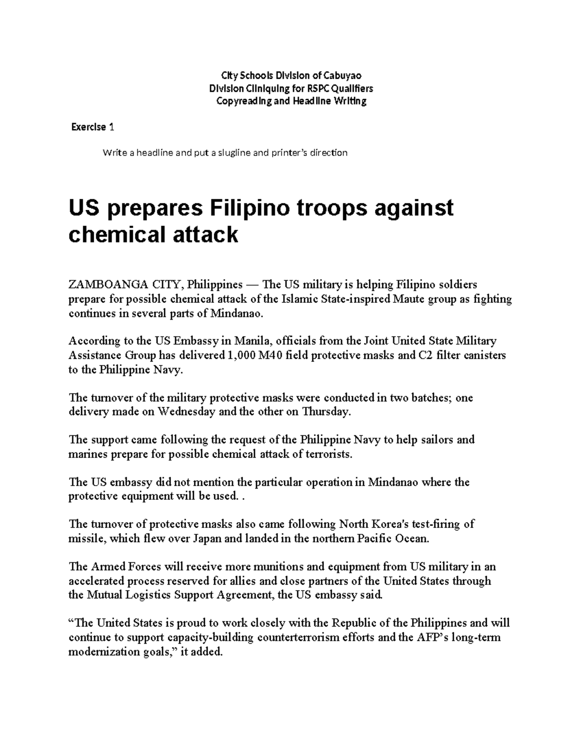 RSPC Qualifiers Copyreading & Headline Writing Exercise 1 - Studocu