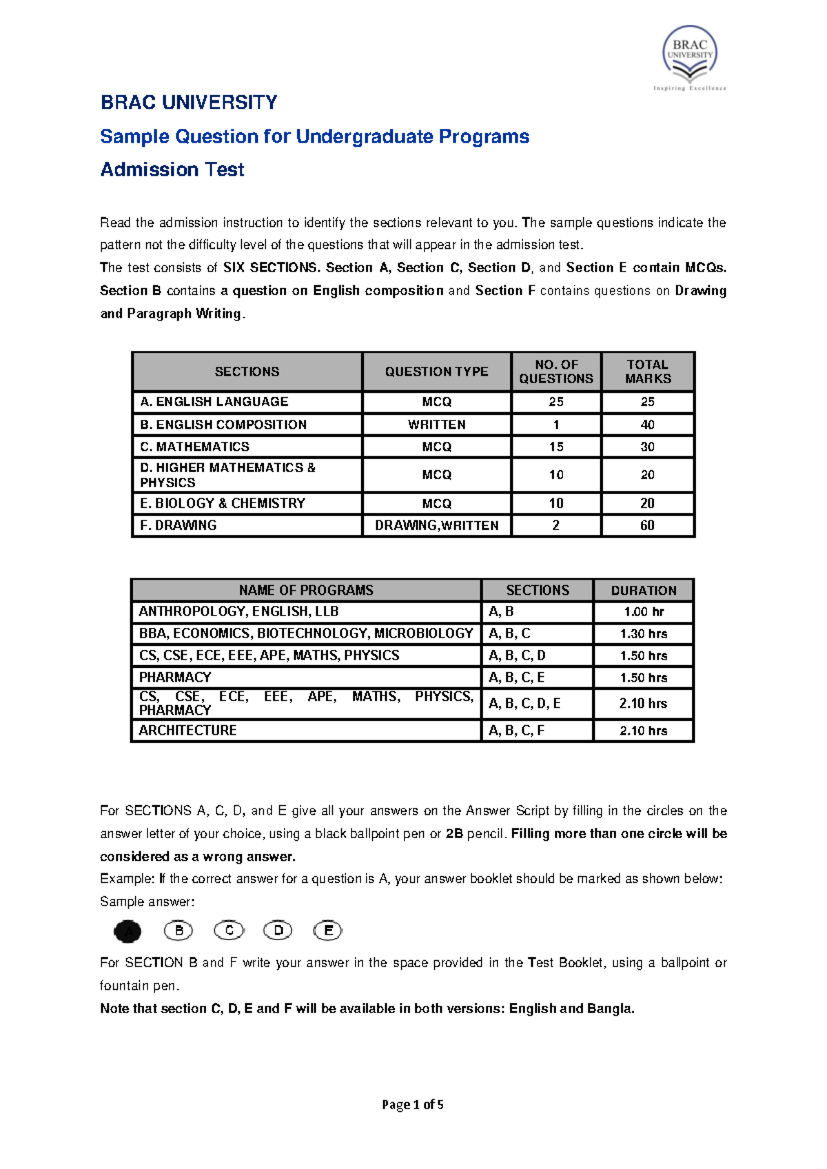 Sample Admission Test Questions for Undergraduate Programs UG Fall 2019 ...