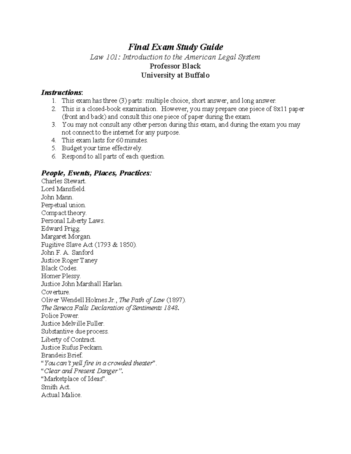 Final Exam Study Guide for Law 101: American Legal System - Studocu