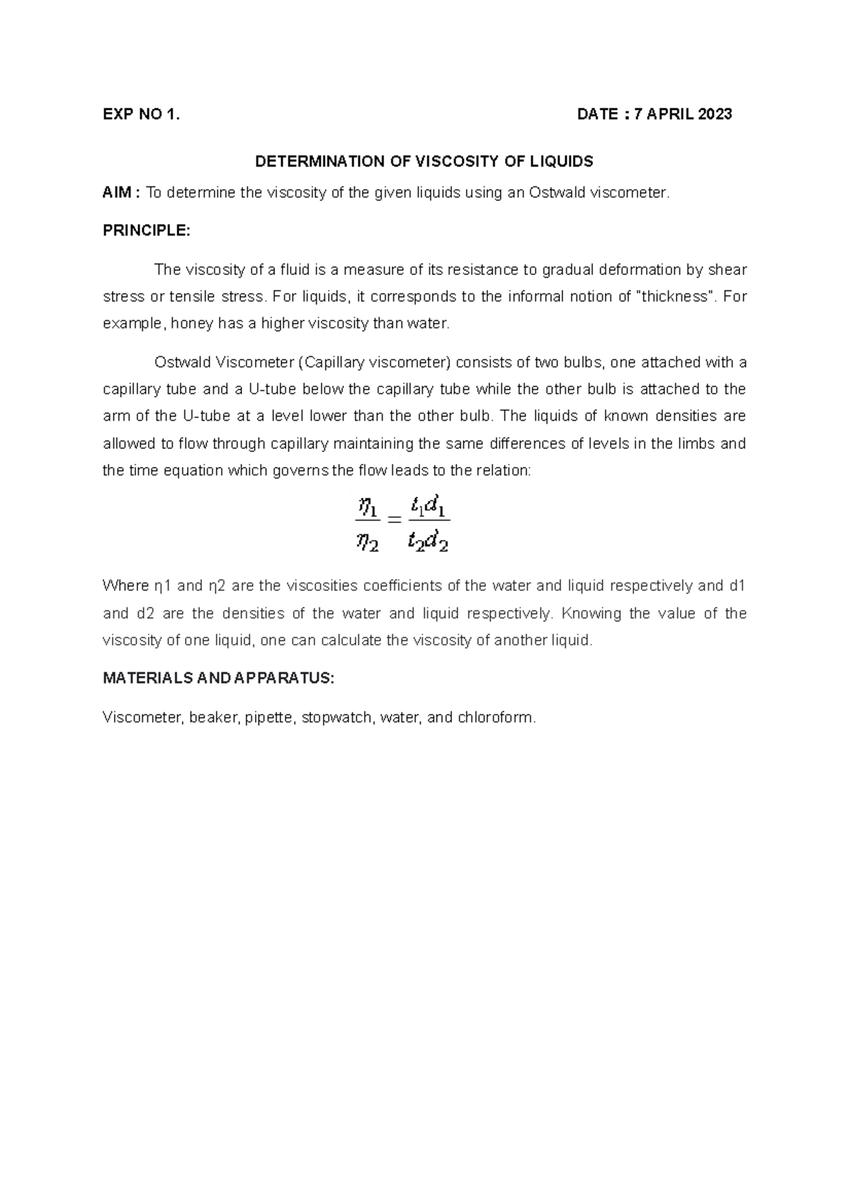 Lab Report: Determination of Liquid Viscosity with Ostwald Viscometer - Document Preview