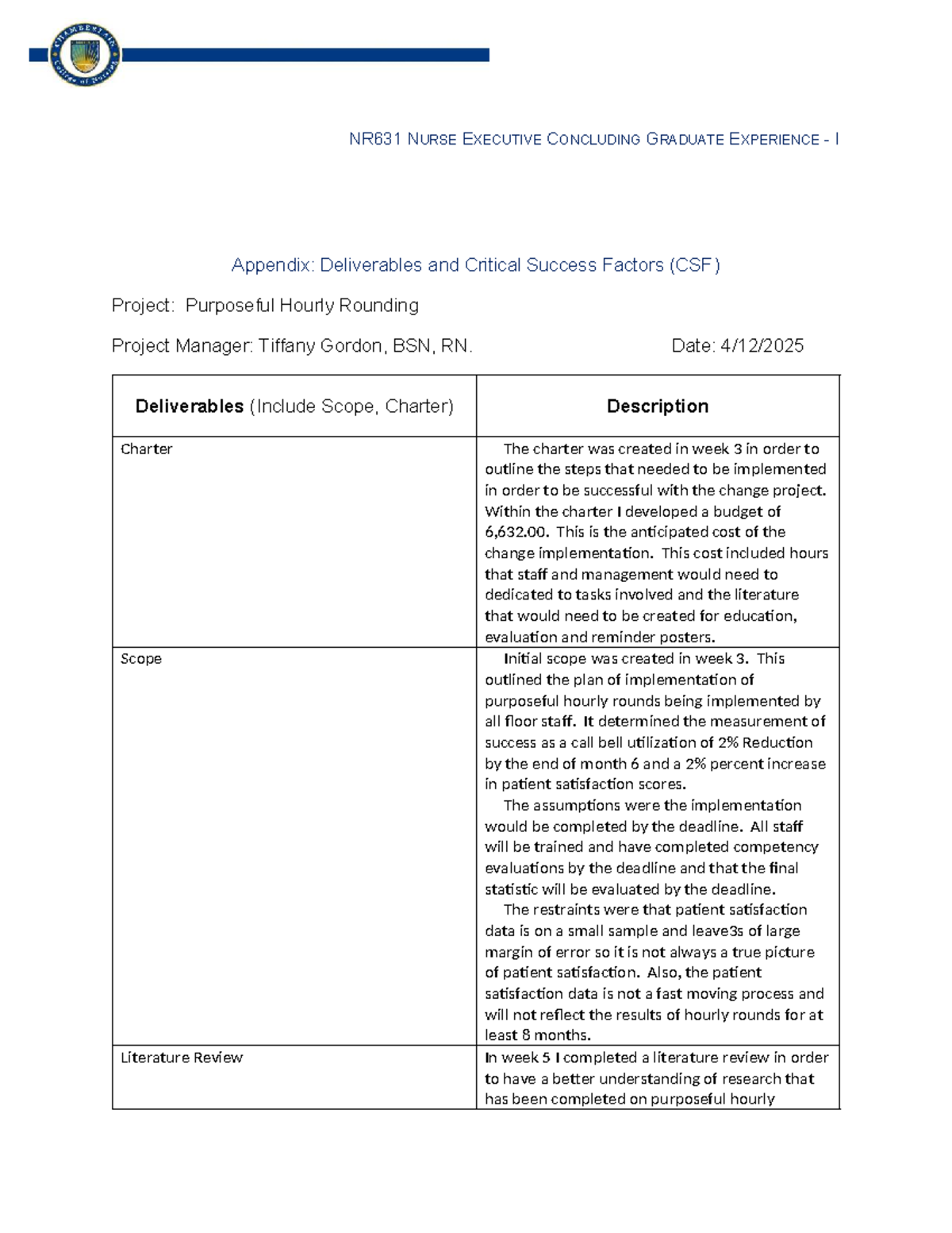 NR631 NURSE EXECUTIVE FINAL PROJECT: Purposeful Hourly Rounding ...