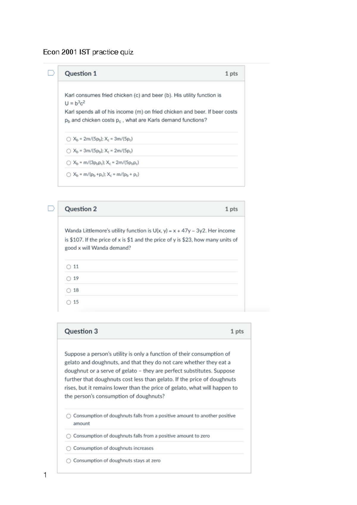 Econ 2001 IST Mock Quiz: Utility Functions & Demand Analysis - Studocu