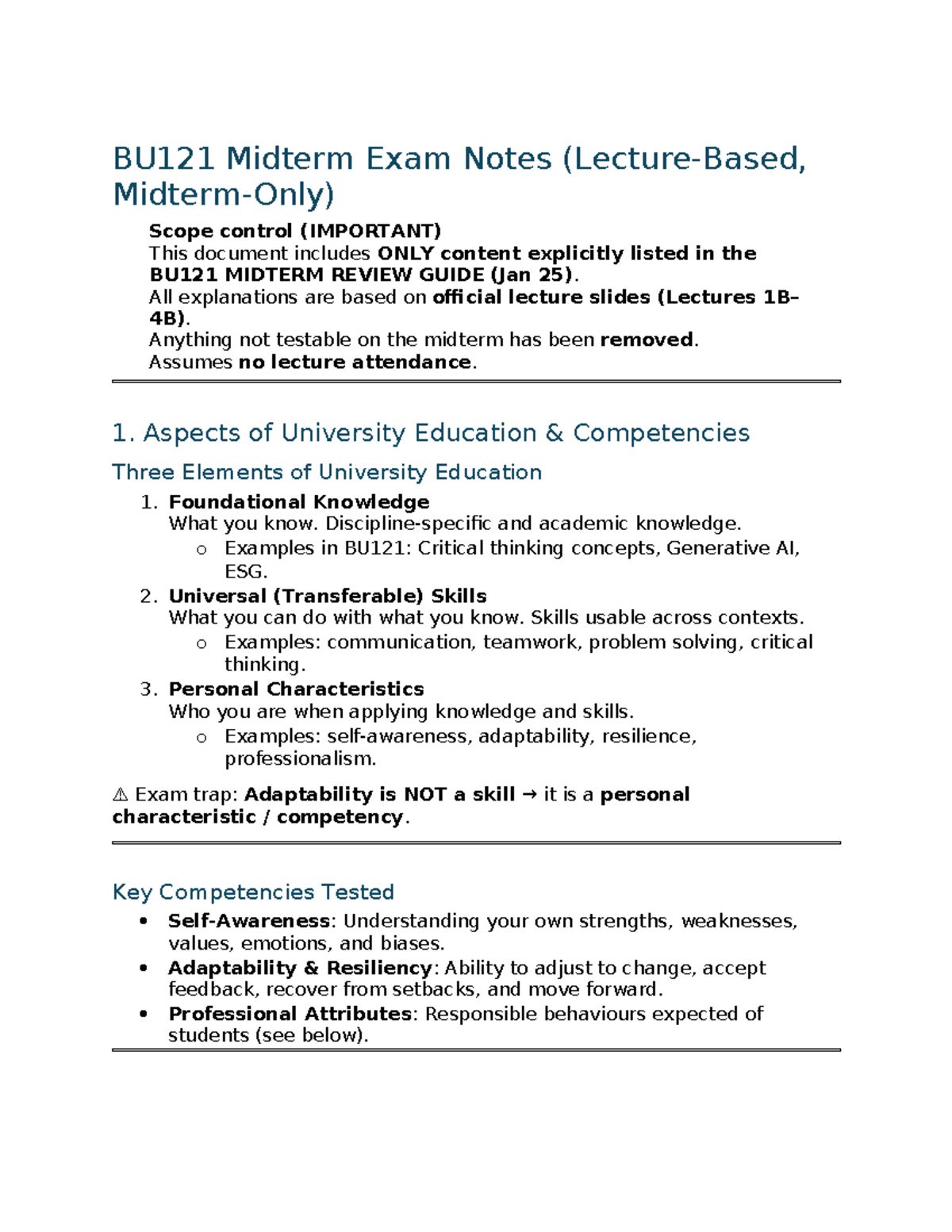 BU121 Midterm Exam Notes: Key Competencies & Critical Thinking - Studocu