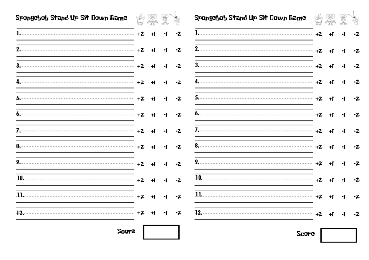 Spongebob Game Writing Sheet - Spongebob Stand Up Sit Down Game ...