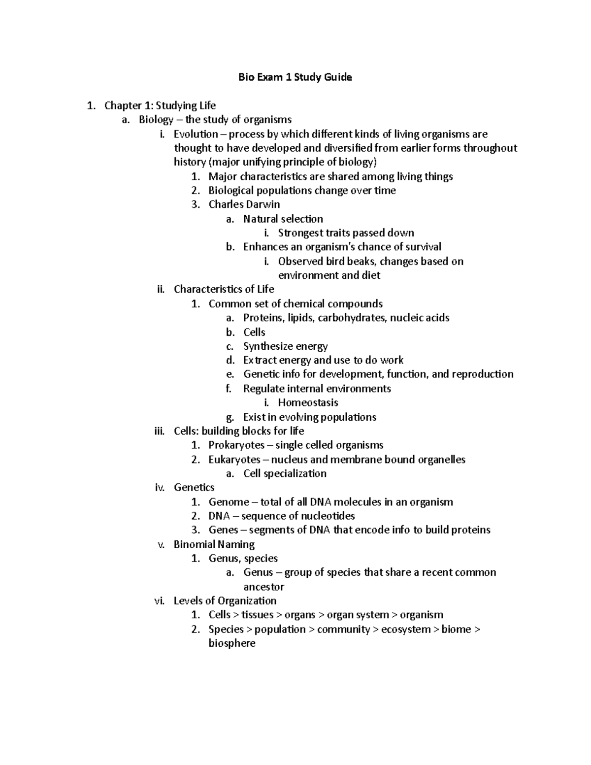 Bio 101 Exam 1 Study Guide: Key Concepts and Review Notes - Studocu