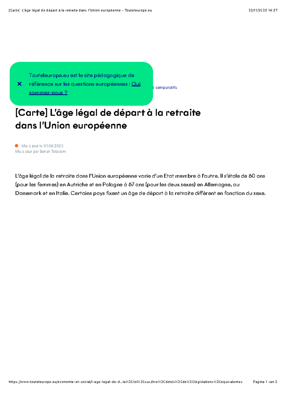 L'âge légal de départ à la retraite dans l'UE - Touteleurope.eu - Studocu