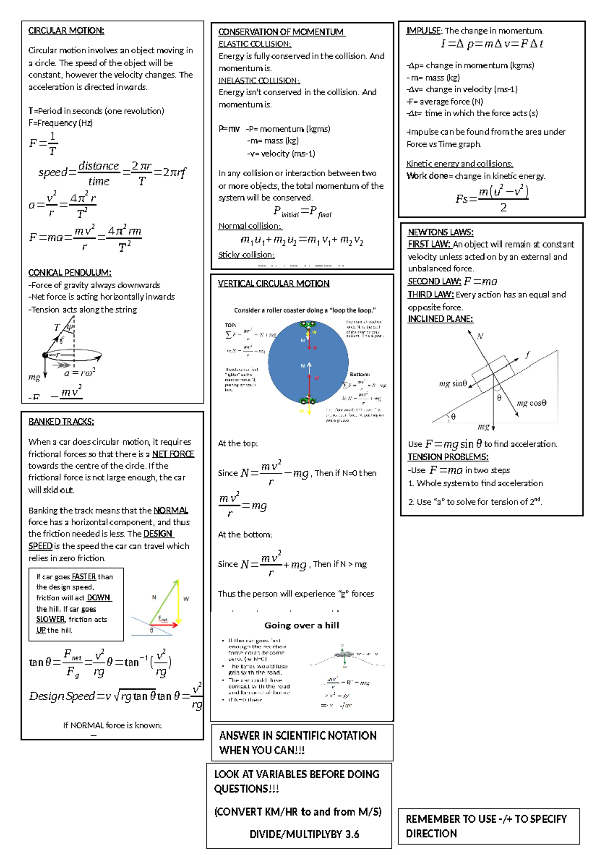Summary sheet physics - 2 CONSERVATION OF MOMENTUM ELASTIC COLLISION ...