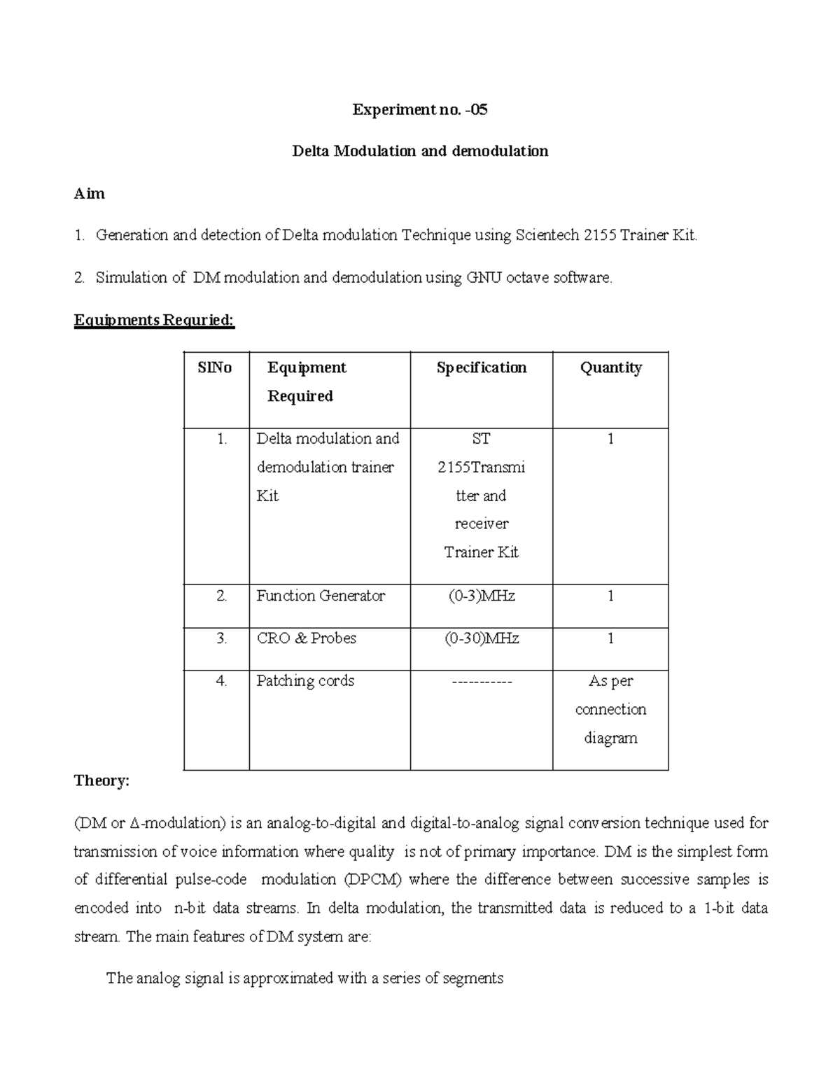 CE LAB-05 - Delta Modulation and Demodulation Experiment Manual - Studocu