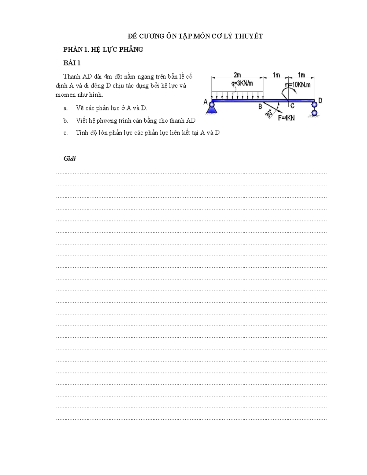 ĐỀ CƯƠNG ÔN TẬP MÔN CƠ LÝ THUYẾT PHẦN TĨNH HỌC CK25 - Studocu