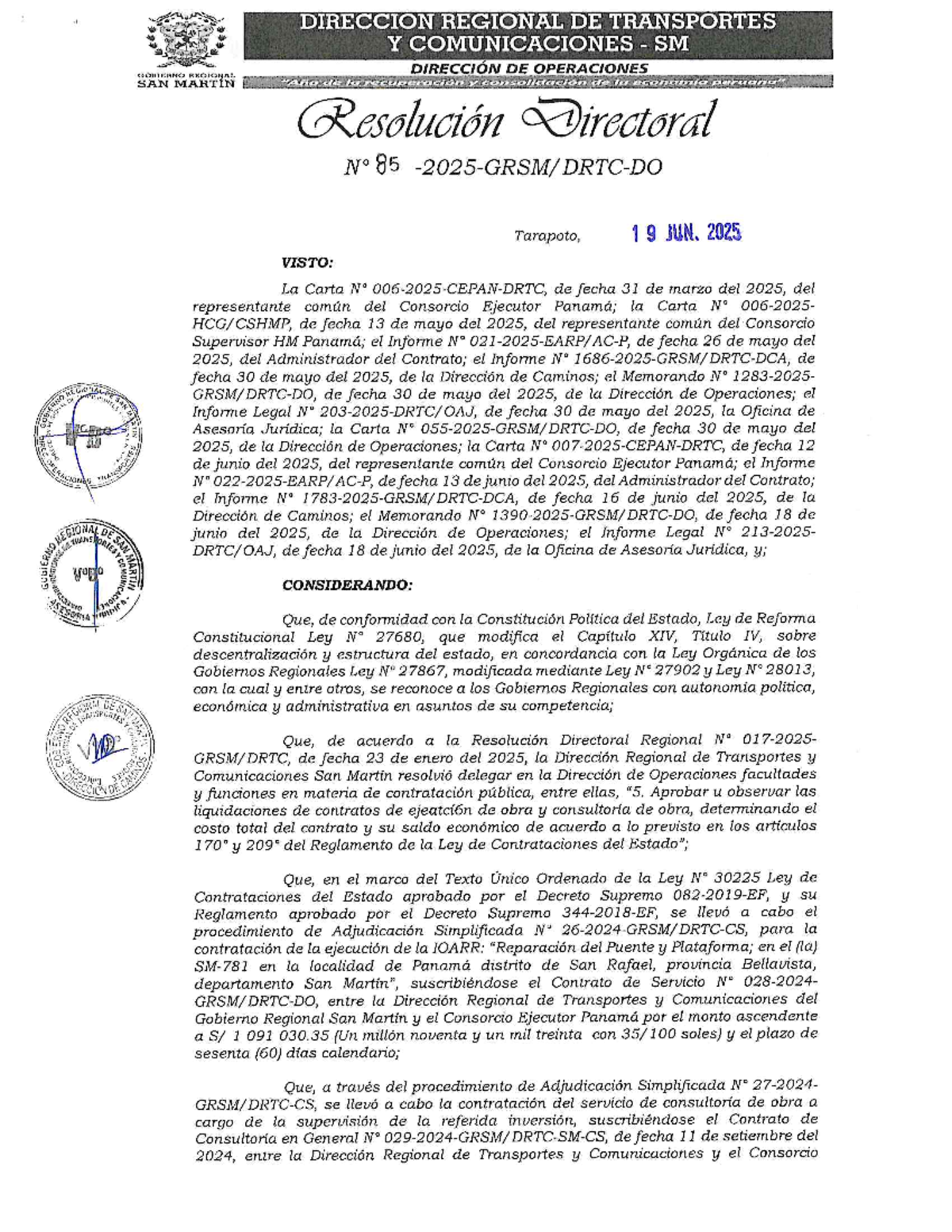Resolución Directoral 85 de la DRTC del Gobierno Regional San Martín ...