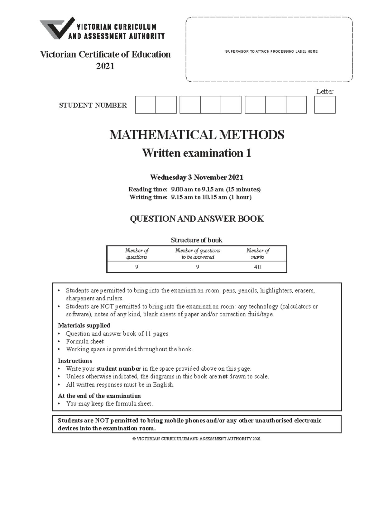 Mathematical Methods 2021 Exam 1 - Question & Answer Book - Studocu