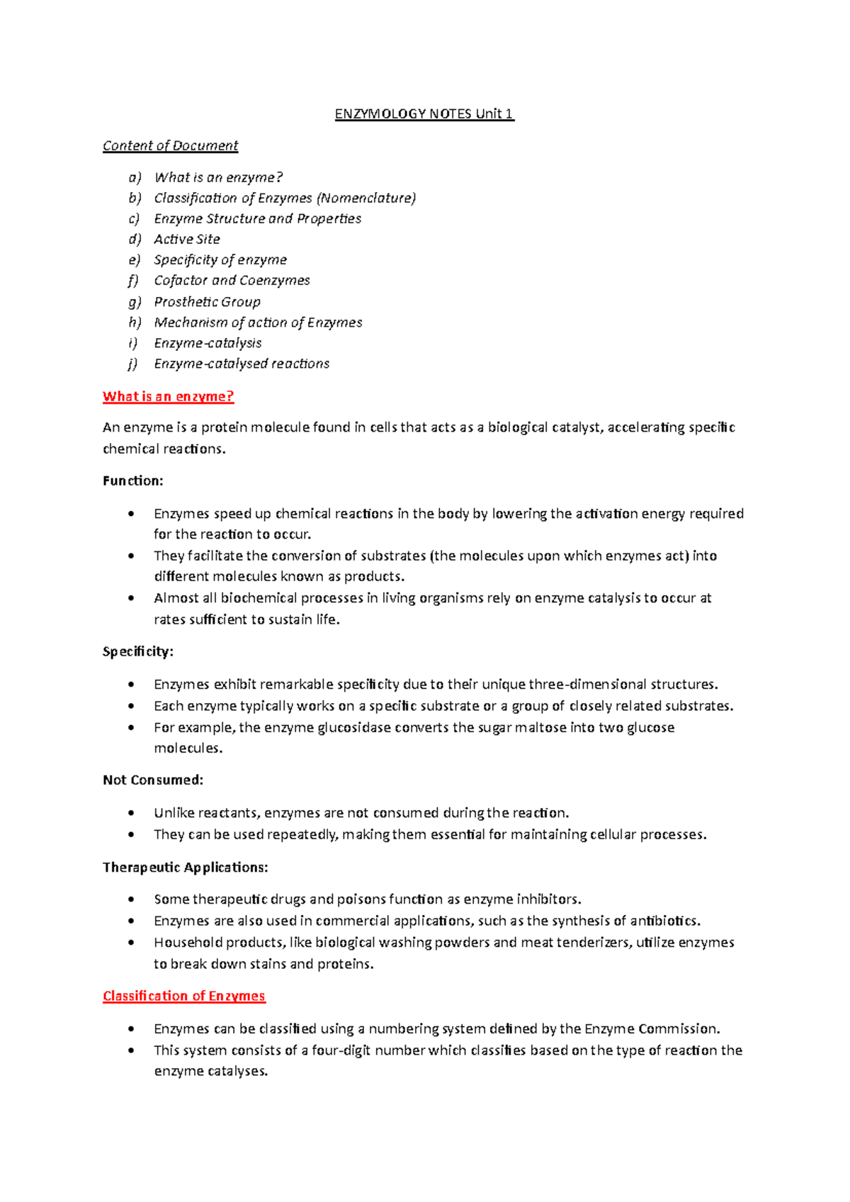 Enzymology Unit 1 Lecture Notes on Enzyme Structure and Function - Studocu