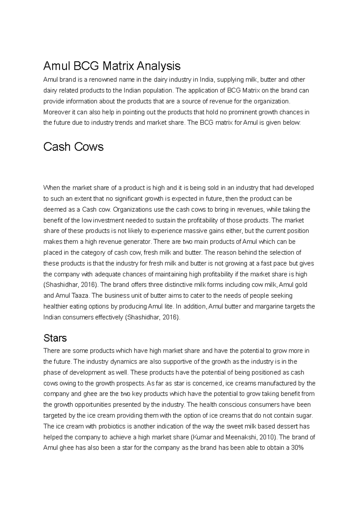 Amul BCG Matrix Analysis: Cash Cows, Stars, Question Marks, Dogs - Studocu