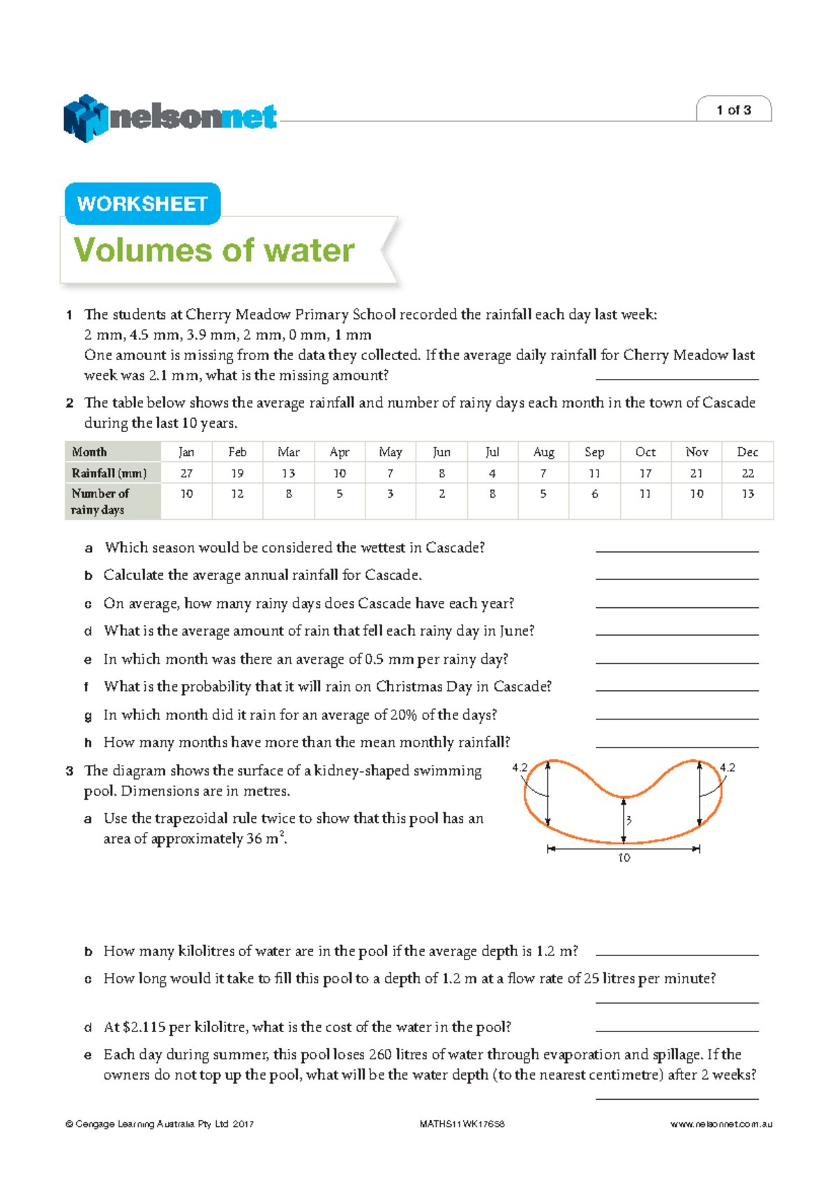 MATHS11WK17658: Volumes of Water Worksheet and Rainfall Analysis - Studocu