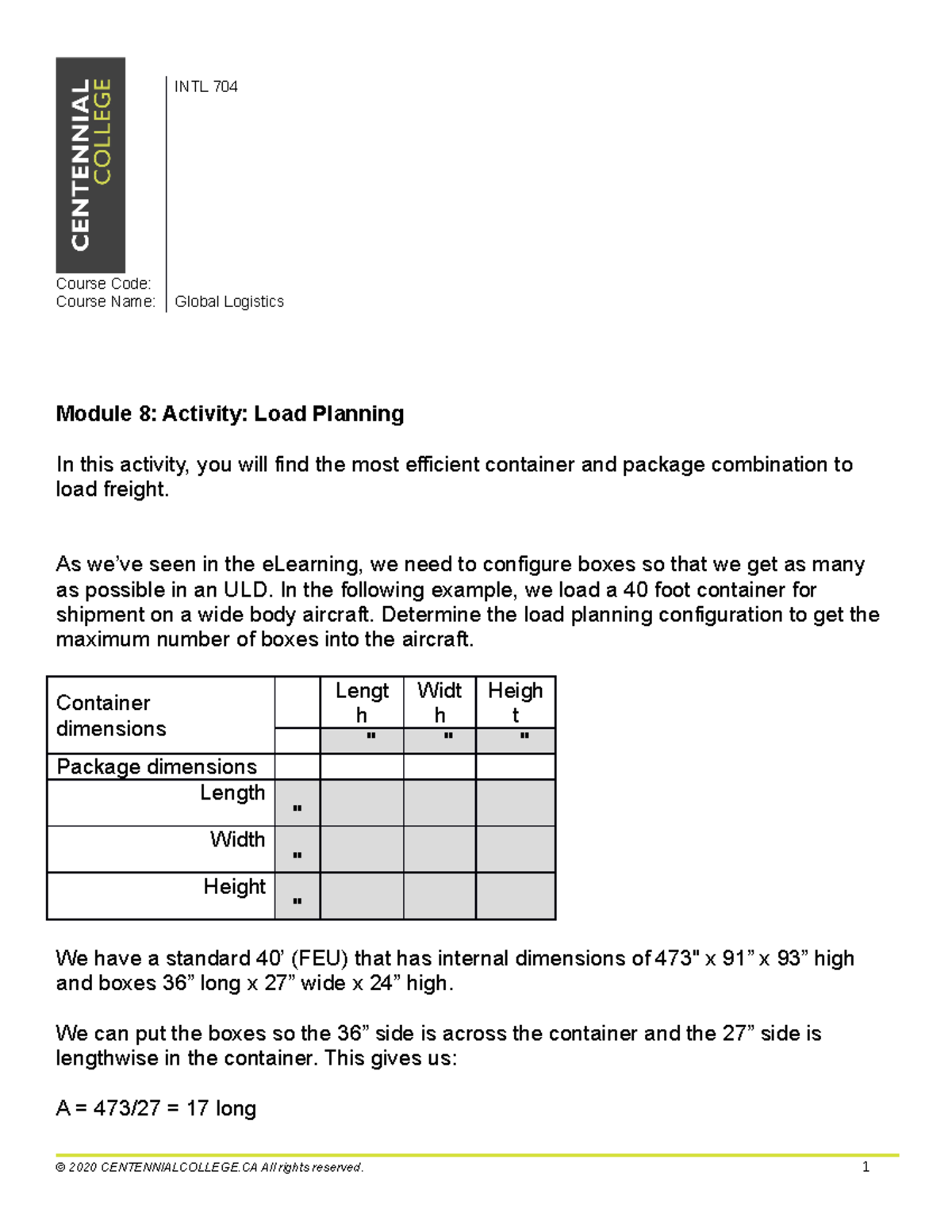 INTL 704 Global Logistics: Load Planning Activity for Module 8 - Studocu