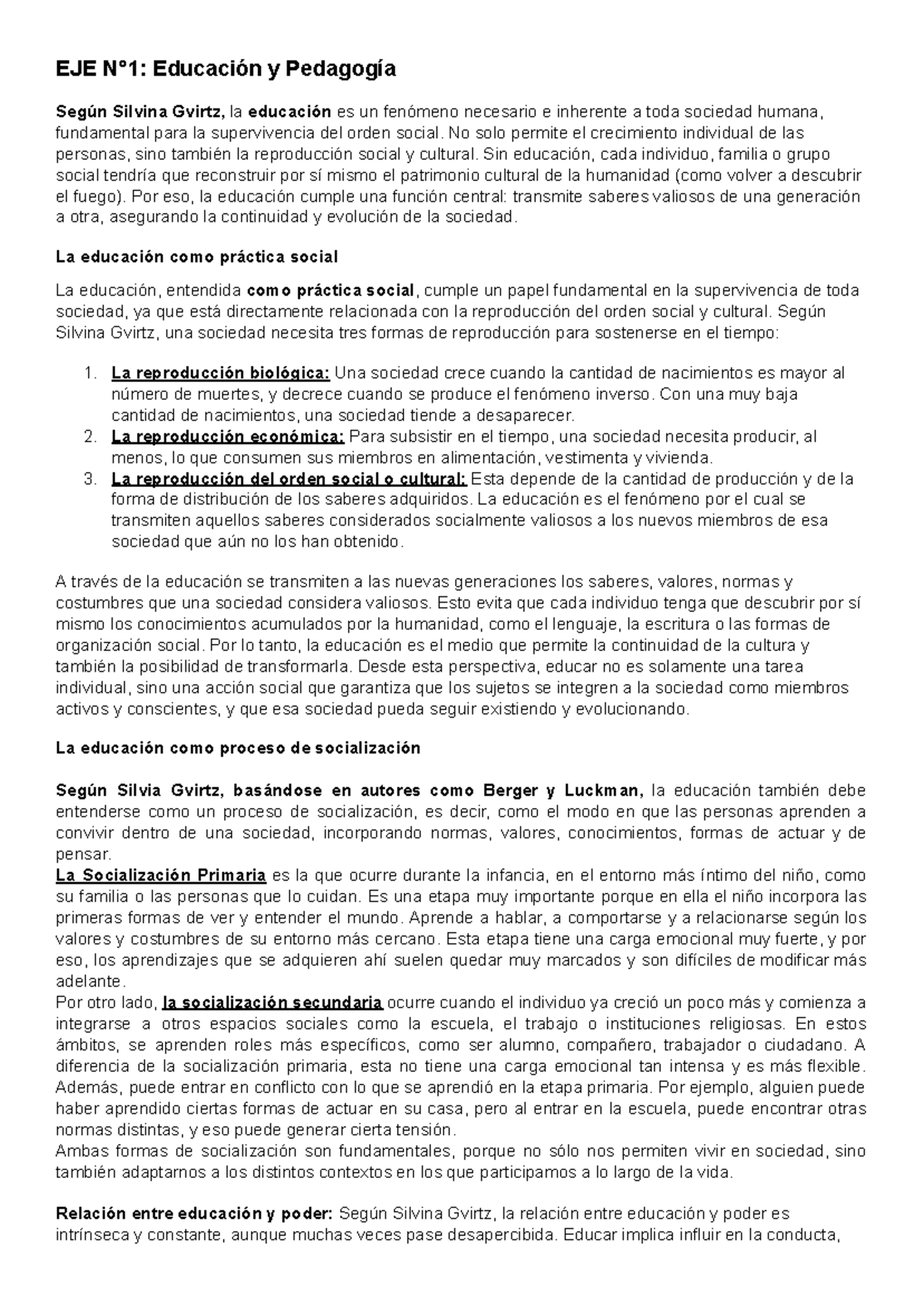 Resumen de Pedagogía según Silvina Gvirtz: Educación y Poder - Studocu