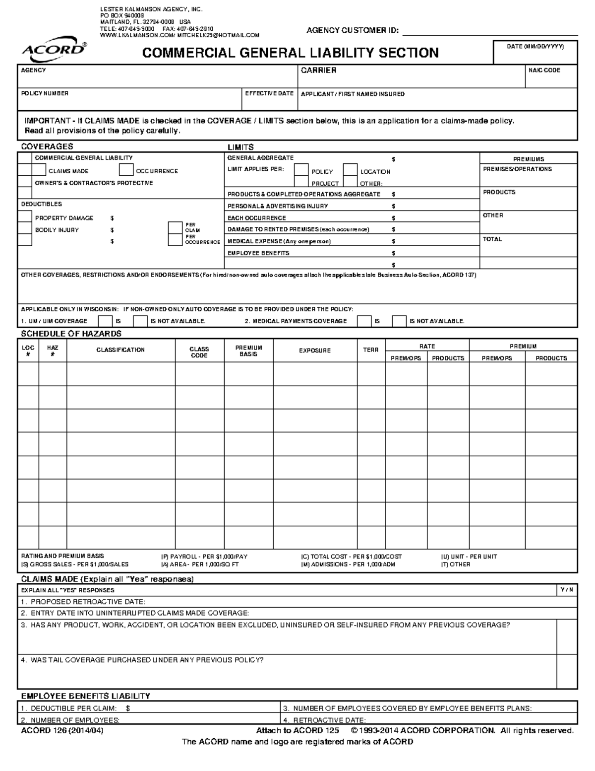 Acord 126 - Commercial General Liability Section Supplement - LKA - Studocu