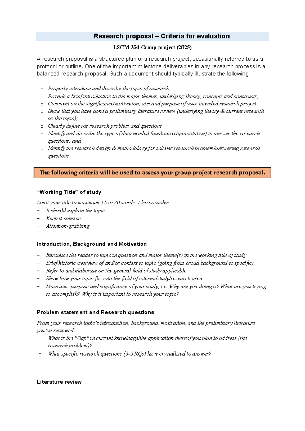 Group Project Research Proposal Criteria for Evaluation LSCM 354 - Studocu