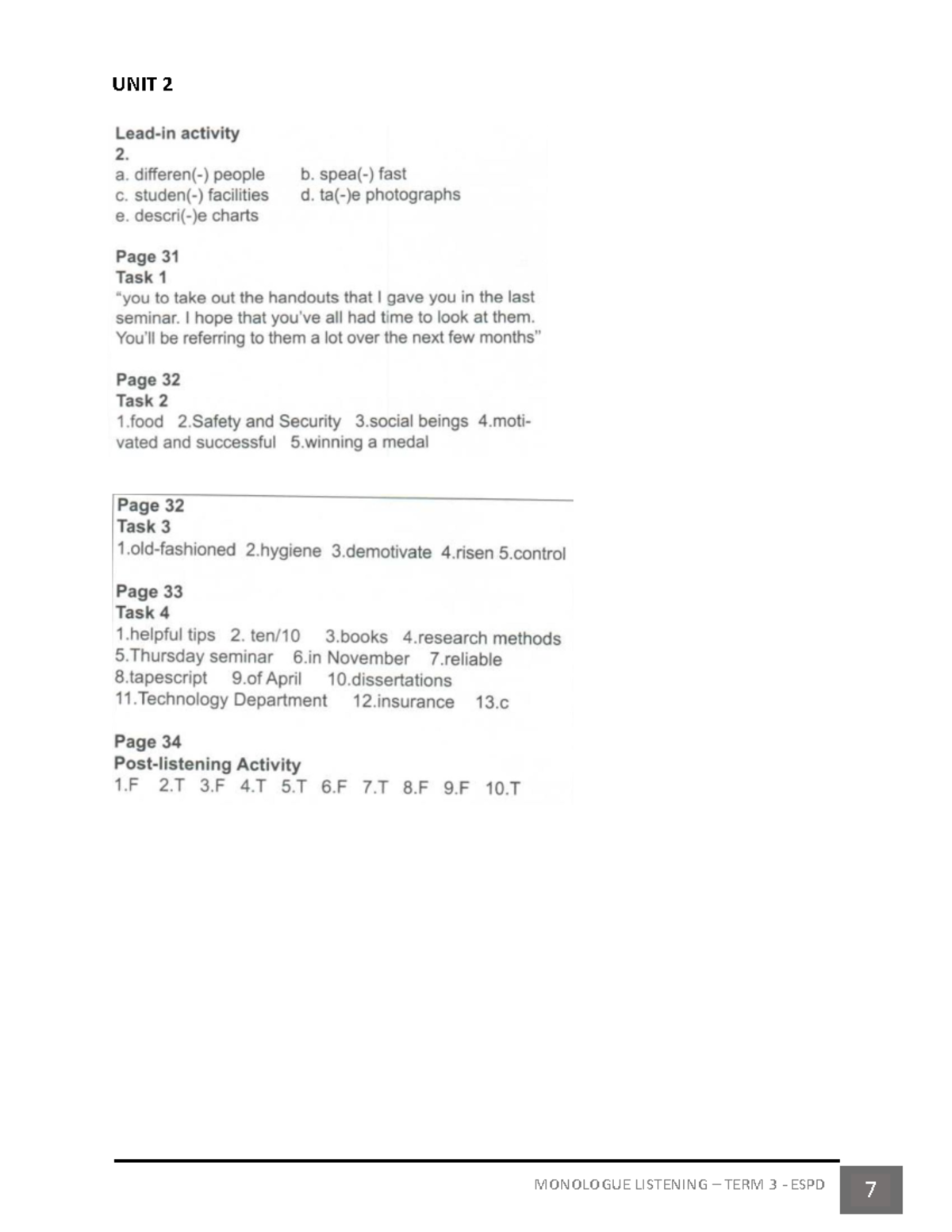 LM3 Unit 2 key and script - tiếng anh - UNIT HOMEWORK - Studocu
