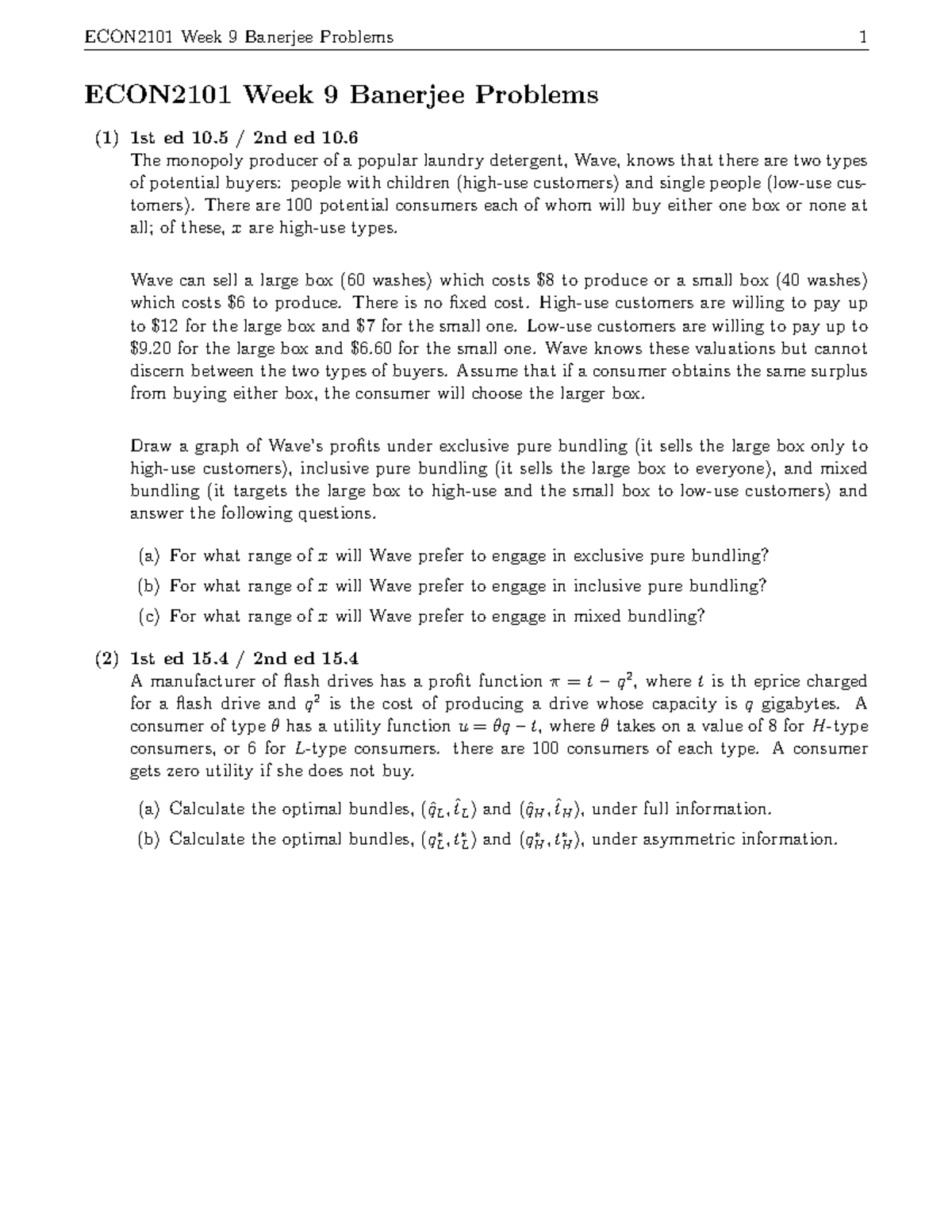 ECON2101 Week 9 Problems - ECON2101 Week 9 Banerjee Problems 1 ECON2101 ...