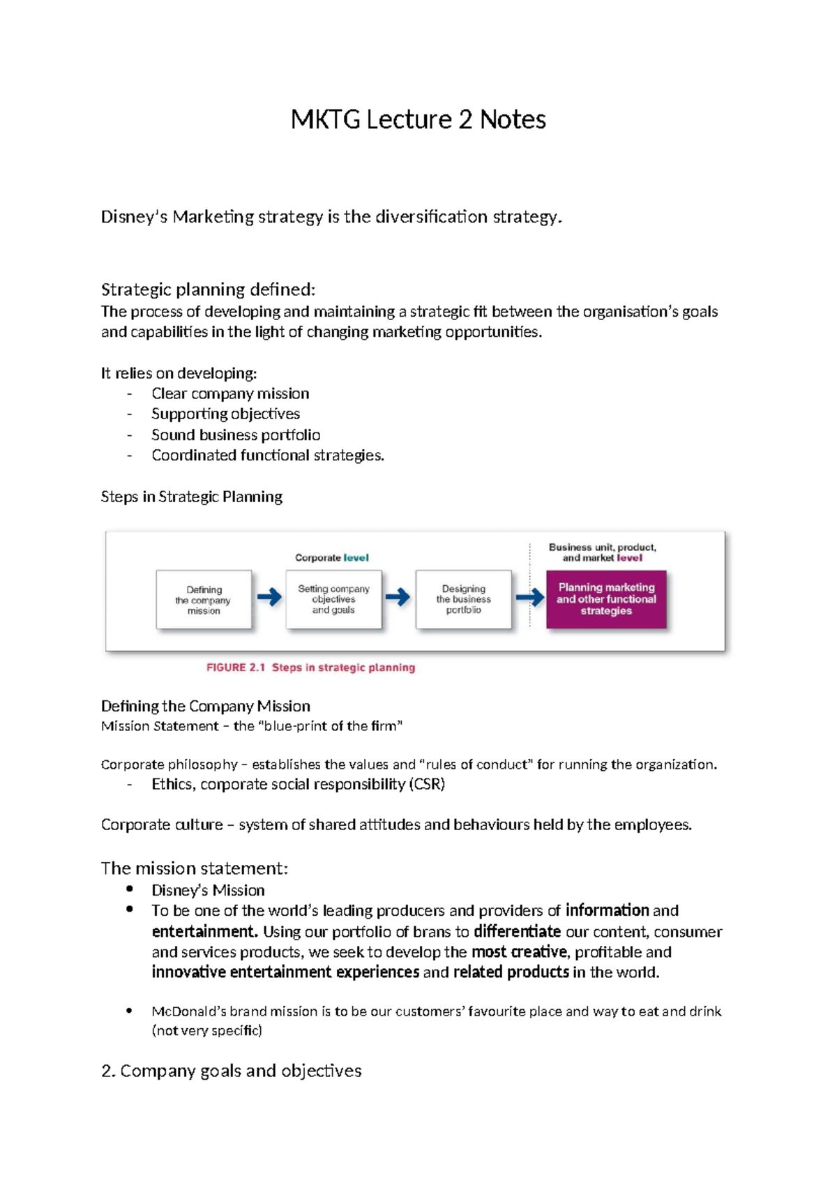 MKTG Lecture 2 Notes: Strategic Planning & Marketing Strategy - Studocu