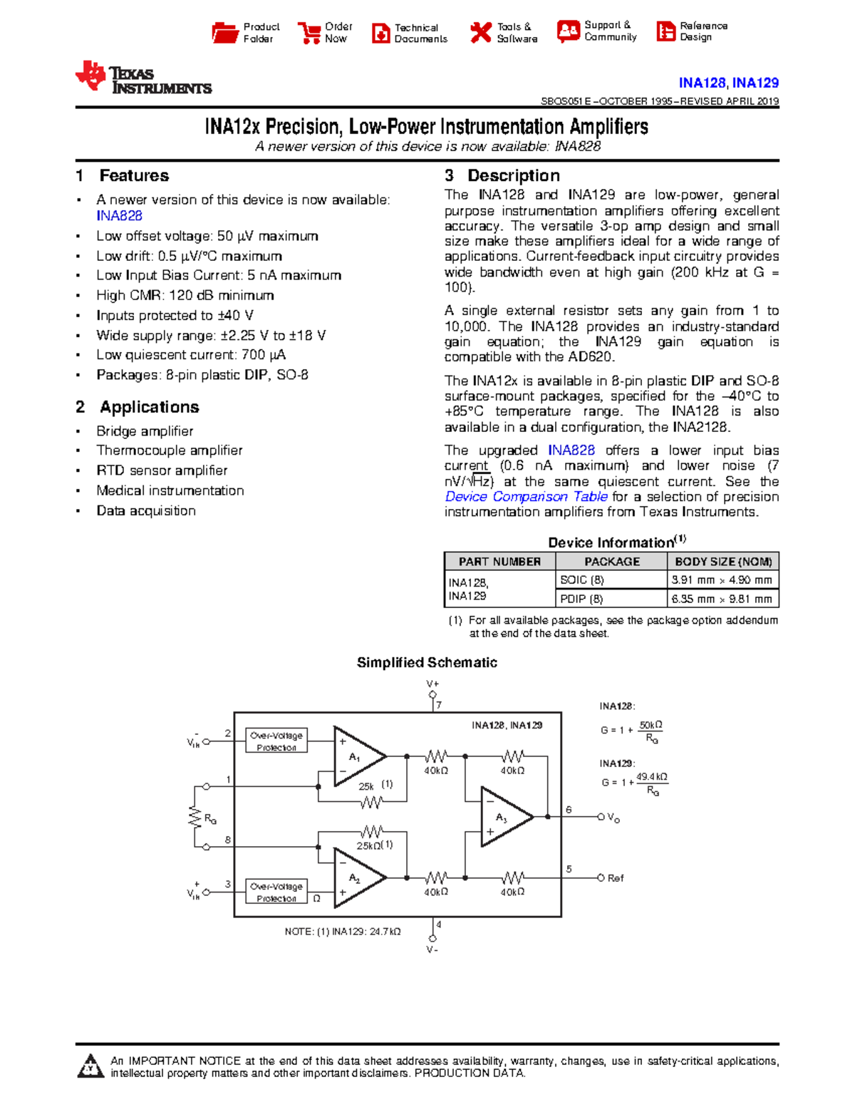 INA128, INA129 Technical Reference: Precision Instrumentation ...