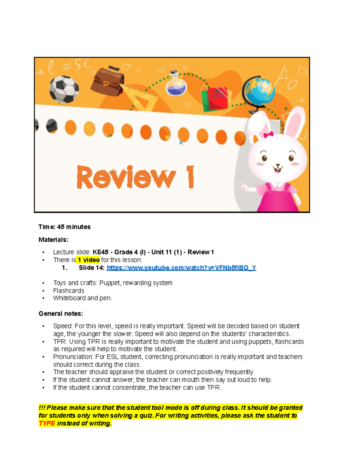 KE45 Grade 4 (I) Unit 11: Lesson Review & Teaching Tips - Studocu