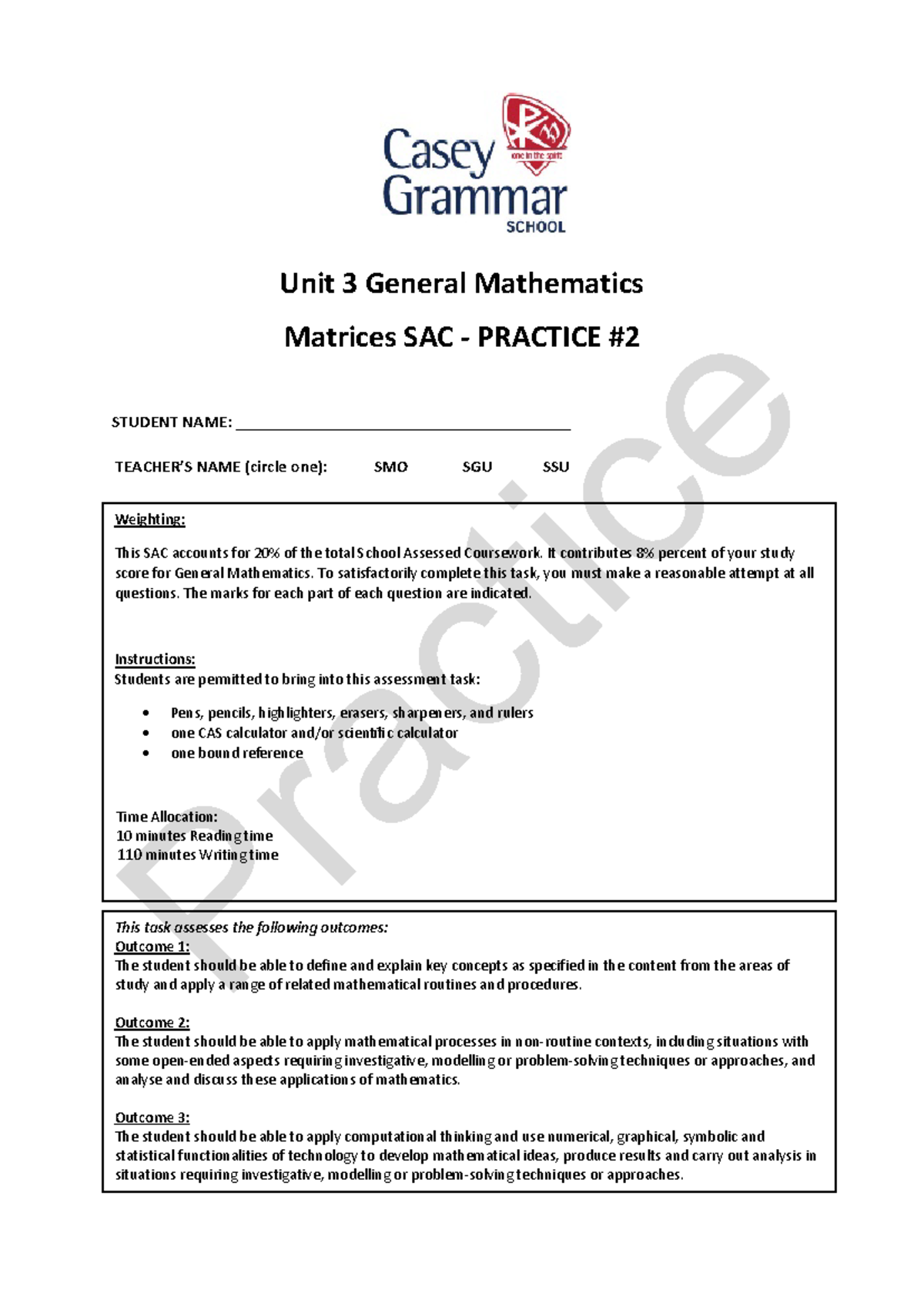 Matrices Practice SAC – 2023 General Mathematics Unit 3 - Studocu