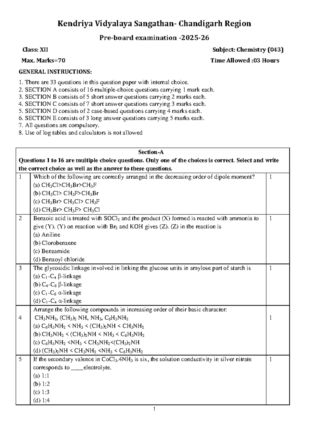 Chemistry Class XII Exam Paper (043) - Complete Question Set - Studocu