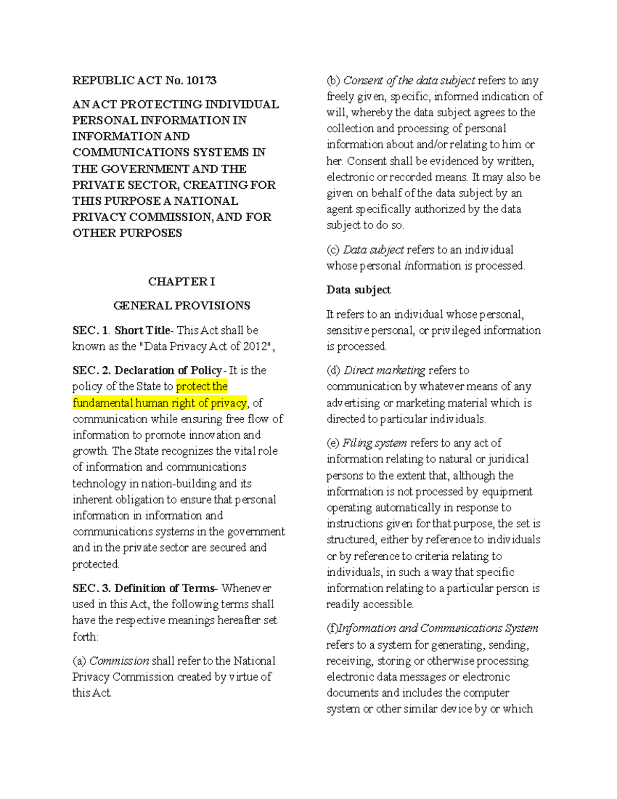 R.A. 10173: Overview of the Data Privacy Act of 2012 and Its Provisions ...