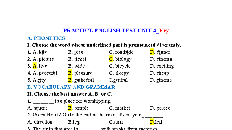 PRACTICE ENGLISH TEST UNIT 4 - Key A: Phonetics & Vocabulary - Studocu