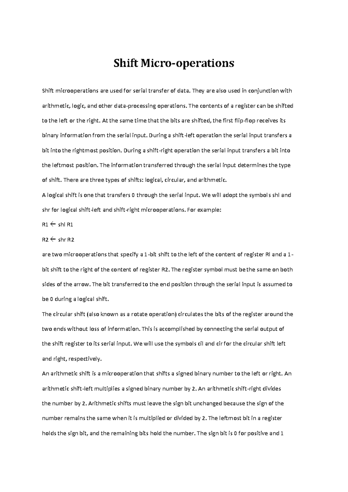 Computer Organization: Shift Micro-operations Overview - Studocu