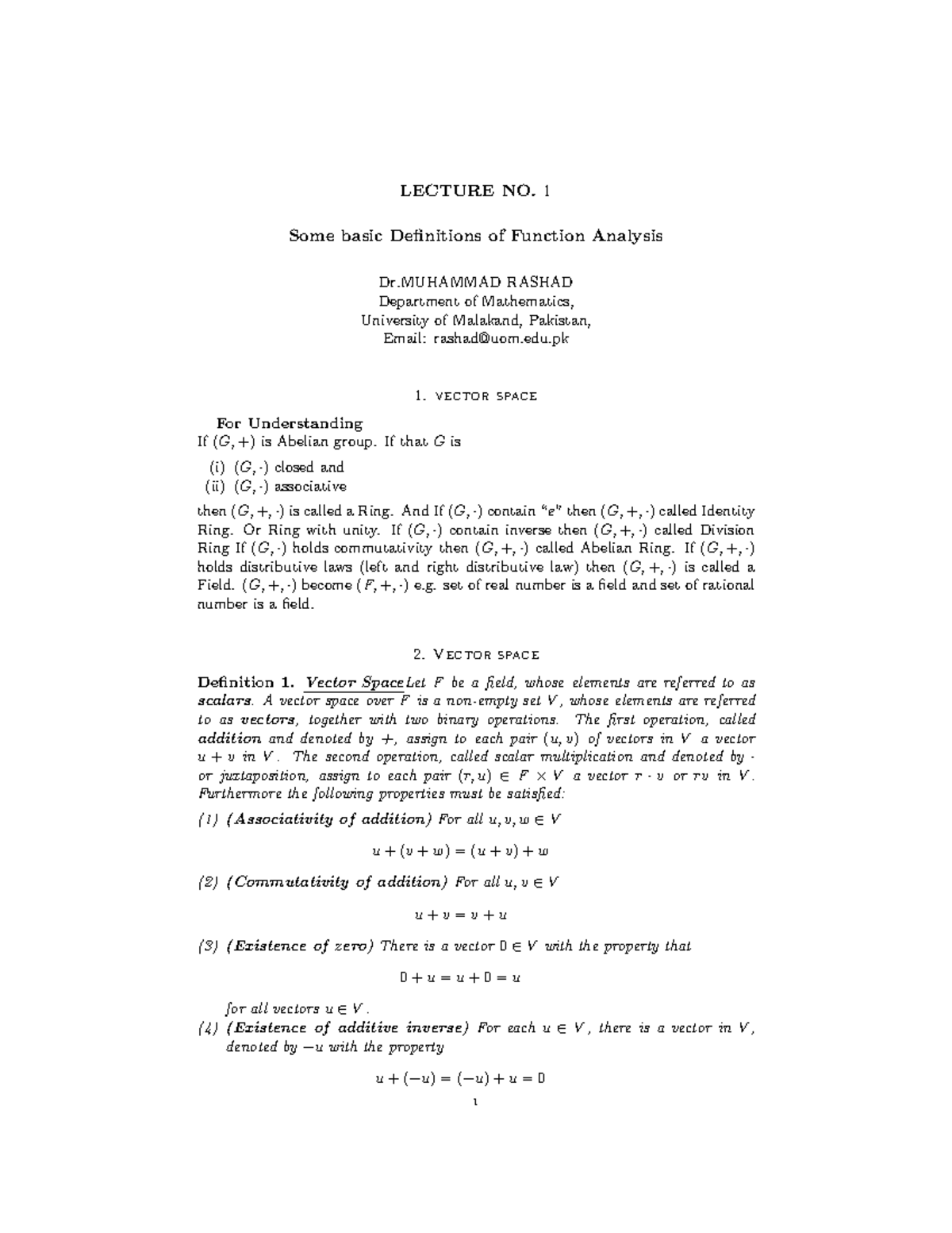 LECTURE NO. 1: Basic Definitions in Function Analysis (MATH101) - Studocu