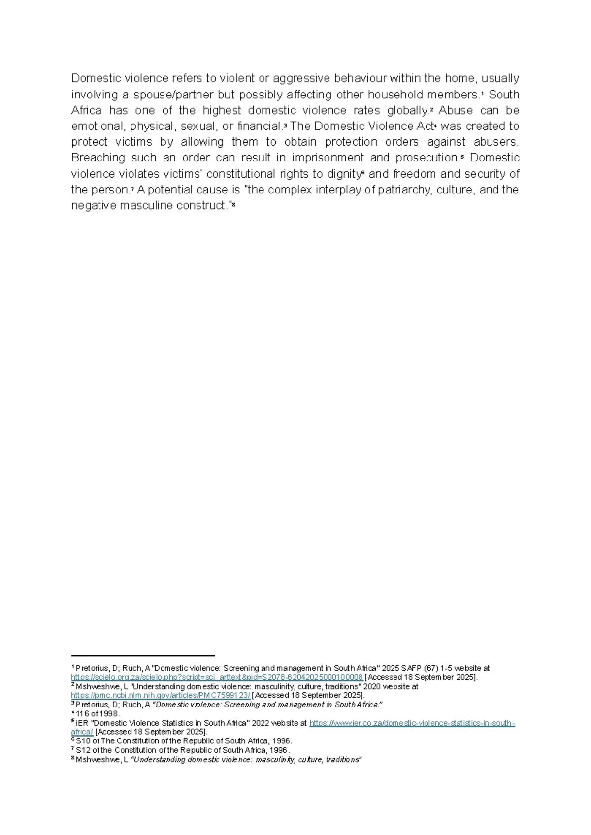 Domestic Violence Overview and Legal Framework in South Africa - Studocu