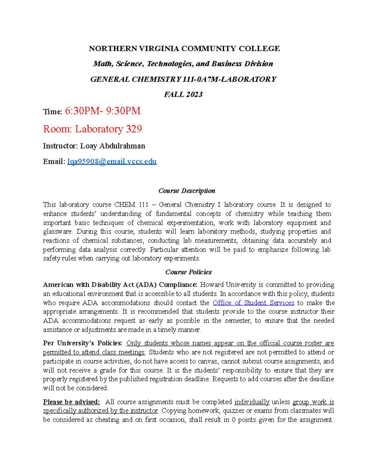 CHEM 111 Lab Syllabus Fall 2023 - General Chemistry I - Studocu