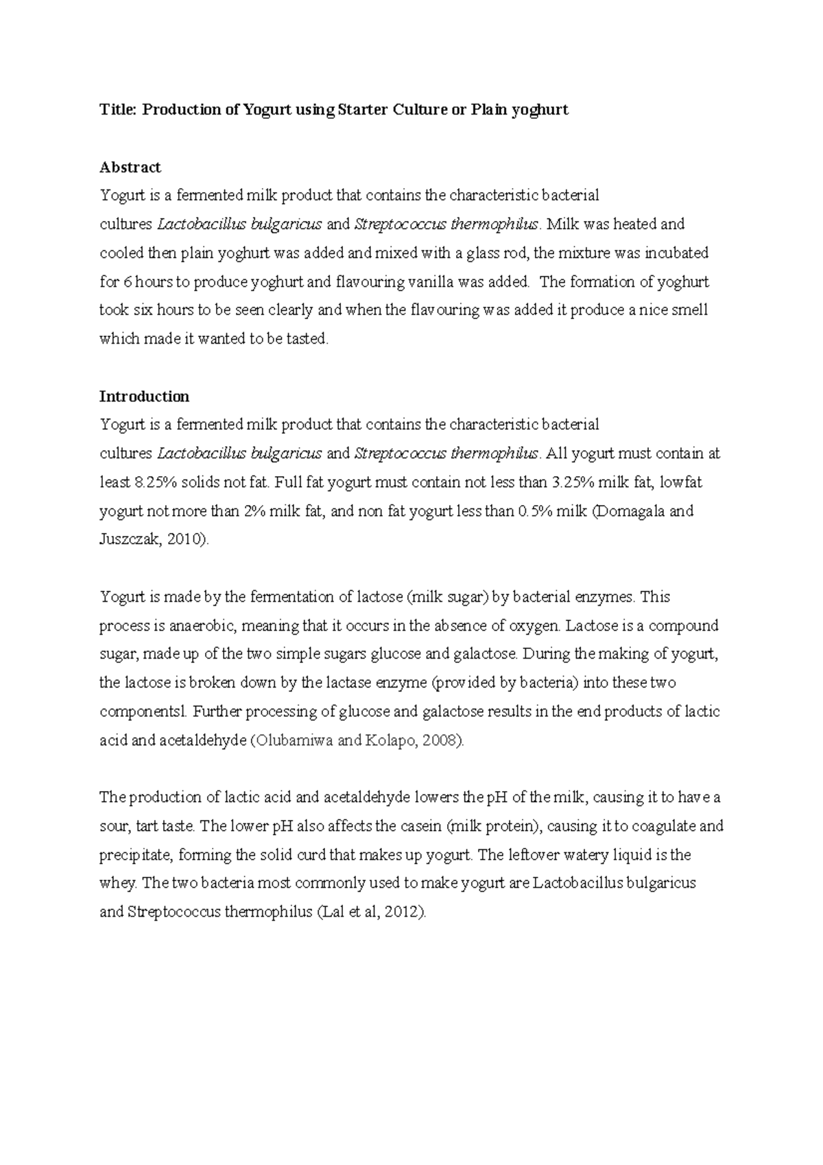 MIC322 Prac 5: Production of Yogurt Using Plain Yoghurt Cultures - Studocu