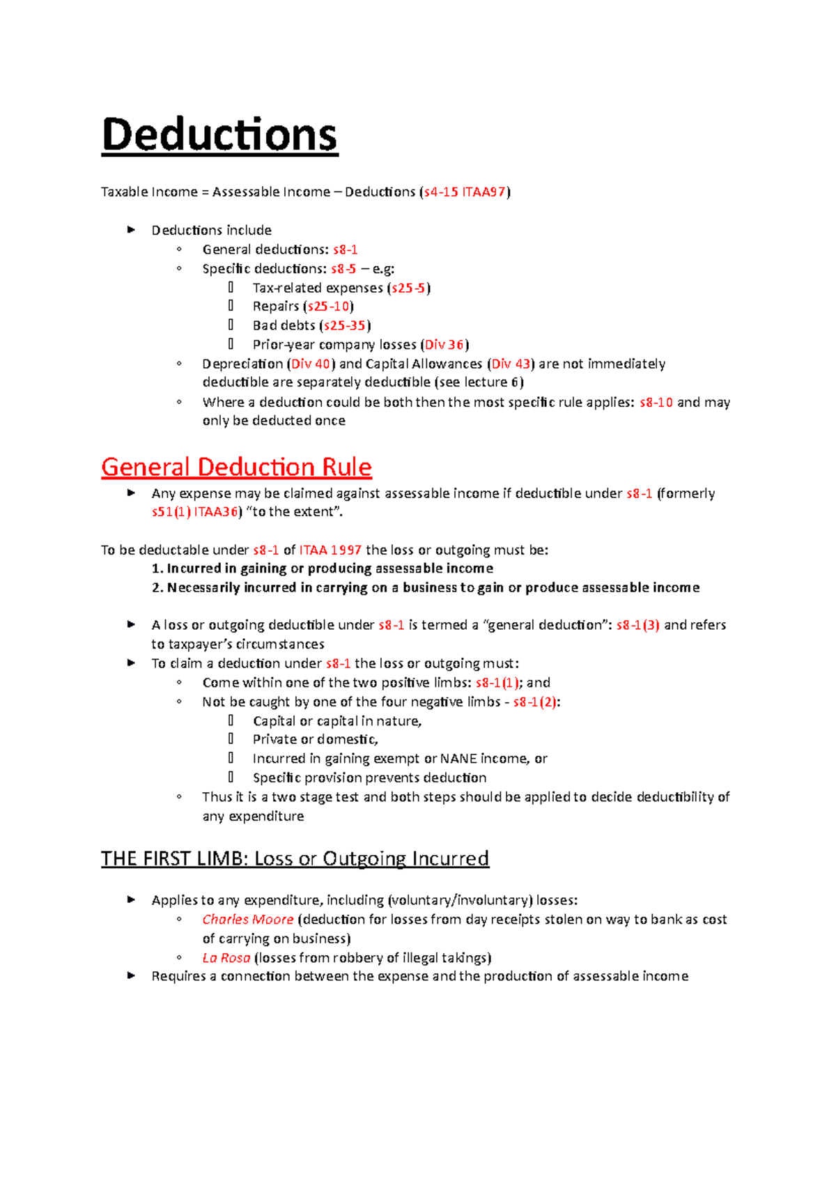 Deductions - Chapter summary - Deductions Taxable Income Assessable ...