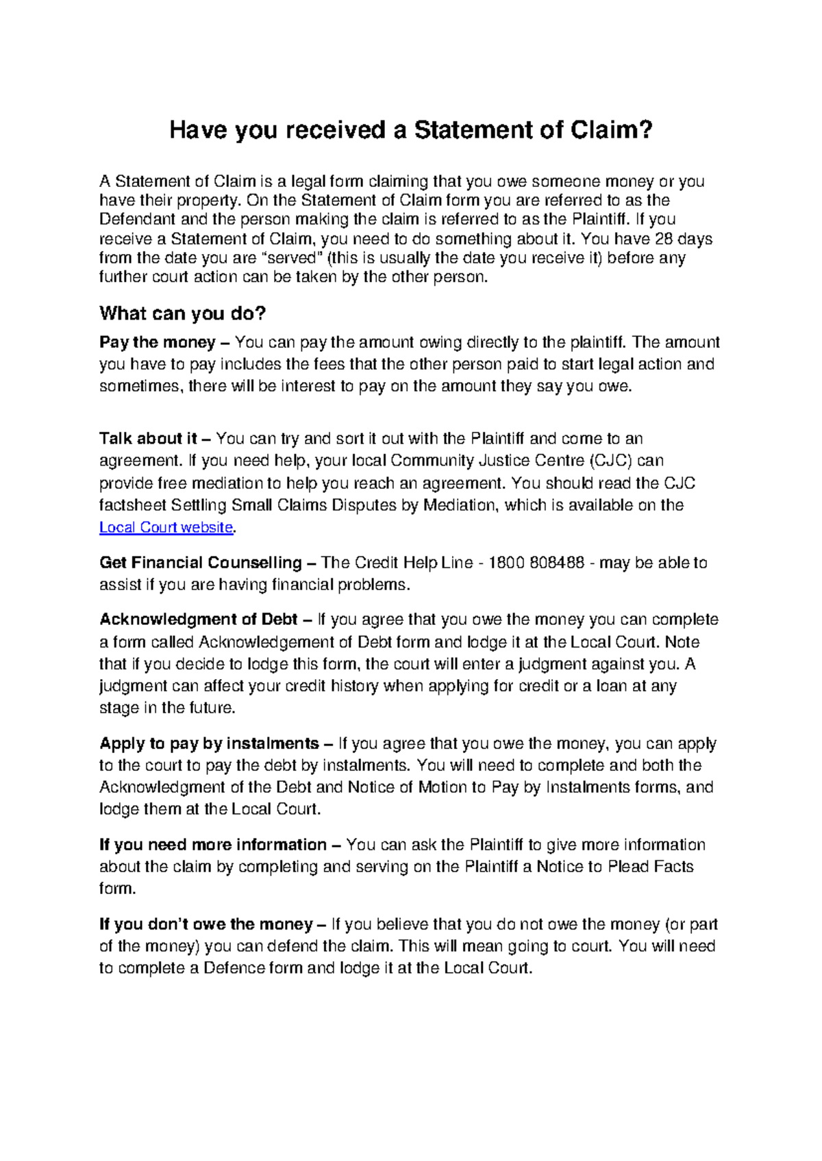 Have You Received a Statement of Claim? – A Quick Fact Sheet - Studocu