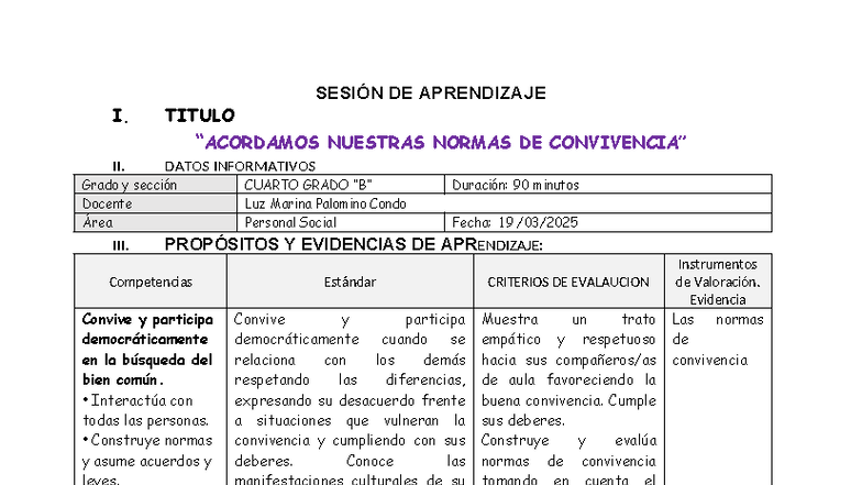 SESION DE APRENDIZAJE I: NORMAS DE CONVIVENCIA CUARTO GRADO - Studocu