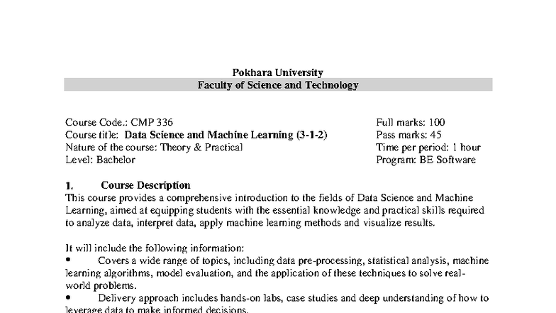 CMP 336: Data Science and Machine Learning Course Overview - Studocu